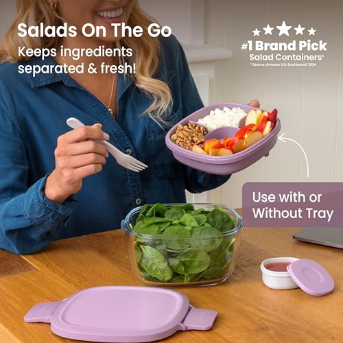 Bentgo Glass Salad Container - 7.6-Cup Salad Bowl with Airtight Lid, Leak-Proof Sauce Container, 4-Compartment Bento Tray & Reusable Fork - BPA-Free for Meal Prep, Office & More (Lavender) - color: Lavender