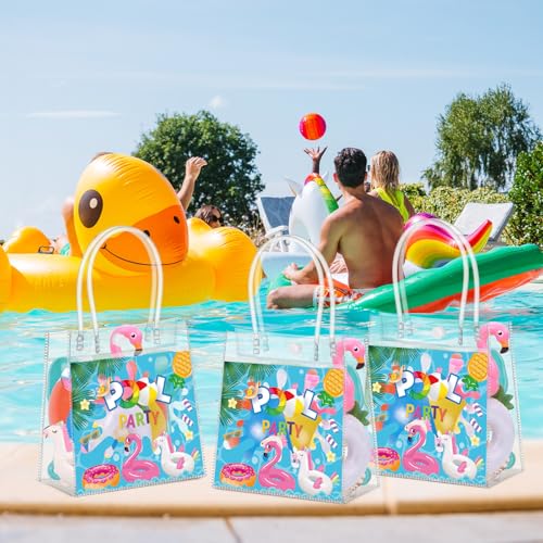 Aliceset 24 Pcs Pool Party Gift Bags with Handles Clear Swimming Theme Tote Bag Reusable Hawaii Themed Treat Bags for Summer Beach Pool Party Kids Birthday Supplies, 6.31" x 5.91" x 3.15" - style: Pool