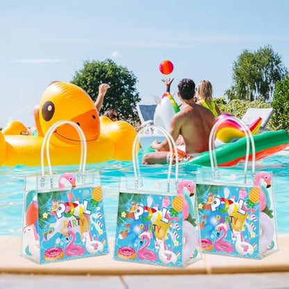 Aliceset 24 Pcs Pool Party Gift Bags with Handles Clear Swimming Theme Tote Bag Reusable Hawaii Themed Treat Bags for Summer Beach Pool Party Kids Birthday Supplies, 6.31" x 5.91" x 3.15" - style: Pool