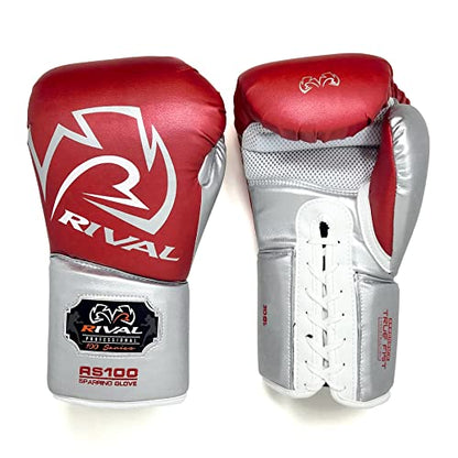 RIVAL Boxing RS100 Professional Lace-Up Sparring Gloves, Handcrafted with Super-Rich Microfiber PU, Ergonomically Designed to Perfectly Fit Your Hand - color: Red/Silver, size: 16 oz.