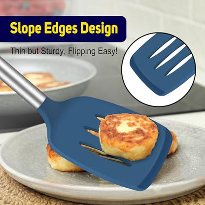 HOTEC Silicone Spatula Set of 2 Heat-Resistant 600°F & BPA-Free Kitchen SaptulaTurner with Stainless Steel Handles, Slotted & Solid Spatulas for Nonstick Cookware, 13.7 Inch, Classic Blue - color: Classic Blue