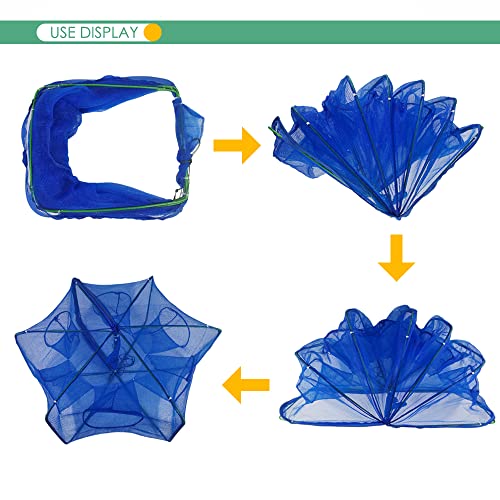 Foldable Bait Trap Fishing Net - Hand Cast Cage for Catching Fish Shrimp Crab Crawfish - color: Blue Thicken Mesh Material, size: 6 Entrances
