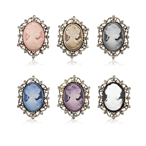MALOYANVE 6 Pcs Vintage Queen's Cameo Brooch Pins for Women Antique Crystal Oval Lady Portrait Victorian Style Scarf Lapel Pin Corsage Clothes Accessories Party Banquet Jewelry Gifts - color: Colorful-B