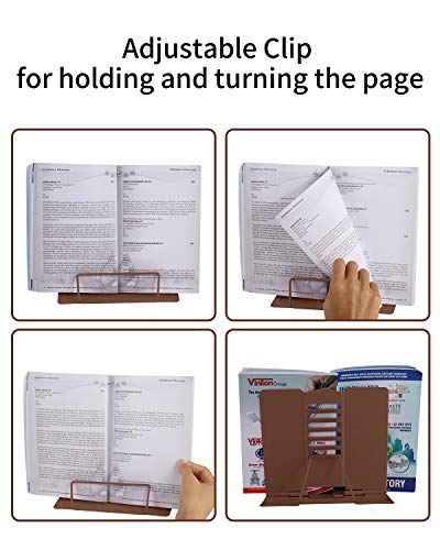 MSDADA Desk Book Stand Metal Reading Rest Book Holder Adjustable Cookbook Documents Holder Portable Sturdy Bookstands for Recipes Textbooks Tablet Music Books with Page Clips (Brown) - color: Brown