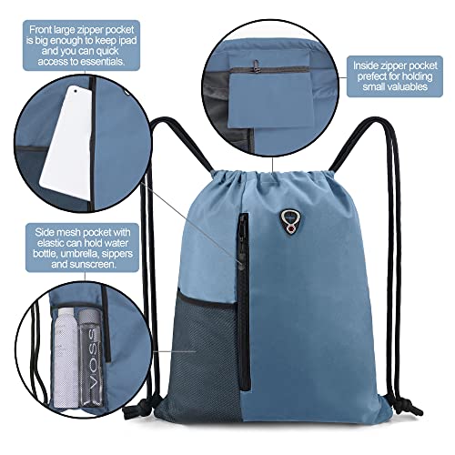 BeeGreen Blue Drawstrings Backpack Gym Sack For Men With Water Bottle Pocket &Front Zippered Pocket Large Sting Bags For WomenTraveling Yoga Beach Outdoor Gym - color: Blue Haze, style: Drawstring With Mesh Pocket