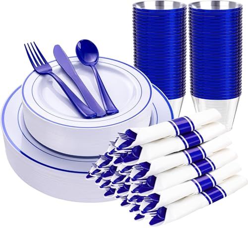WELLIFE 210 Piece Blue Disposable Dinnerware Set,Plastic Plates for Party, Include: 30 Dinner Plates, 30 Dessert Plates, 30 Pre Rolled Napkins with Gold Silverware and 30 Gold Cups - color: Blue, style: 210PCS（30 Guests）