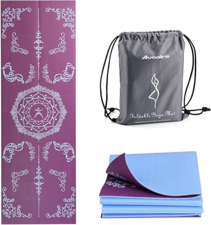Avoalre Folding Yoga Mat, Eco-Friendly PVC Travel Yoga Mat Packable, Double Sided Non-Slip Printed Yoga Mats with Bag for Home Workout Gym Exercise Fitness Pilates Stretching (72" x 32" x 0.24" Thick) - color: Purple