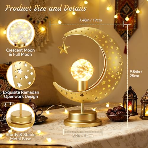 Lewondr Ramadan Moon Lamp, Crescent Moon with Star Table Lamp, Battery Powered Ramadan Desk Lamp Decorations Crescent Table Light Bedside Night Stand Desktop Living Room Home Decor, Eid Mubarak Decor - style: Crescent Moon with Star