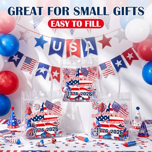 Aliceset 24 Pcs 250th Anniversary Clear PVC Gift Bags with Handles Patriotic Waterproof Reusable Tote for 4th of July Independence Day Party Favors, 6.31" x 5.91" x 3.15" - style: Patriotic