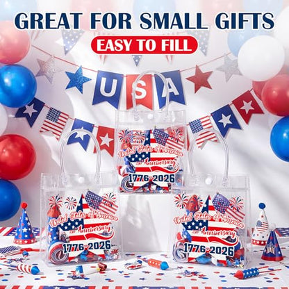 Aliceset 24 Pcs 250th Anniversary Clear PVC Gift Bags with Handles Patriotic Waterproof Reusable Tote for 4th of July Independence Day Party Favors, 6.31" x 5.91" x 3.15" - style: Patriotic