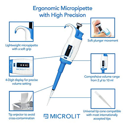 MICROLIT - Single-Channel Pipettes with Adjustable Volume, Accurate and Calibrated Micropipette for 0.2-2ul Liquid Capacity, Compatible with 10ul Pipette Tips - size: 0.2-2ul, style: Single-Channel