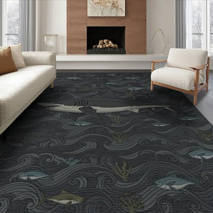 8'x10' Washable Flatwoven Rug, Charcoal Grey Graphic Fish Stain Resistant Extra Large Carpet for Dining Room, Large Office, Lounge, Non-Slip Chair-Friendly Mat | Ref:2068054 - color: Grey/Pattern 19, size: 8' x 10' (Rectangular)