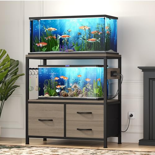 Heybly 20-29 Gallon Fish Tank Stand, Aquarium Stand with Drawer, Power Outlet, Heavy Duty Metal Frame, for Fish Tank, Turtle & Reptile Terrarium, 31.5" x 15.7" Top, 330lbs, Rustic Gray HAS001SG - color: Greige, size: 20-29 gal