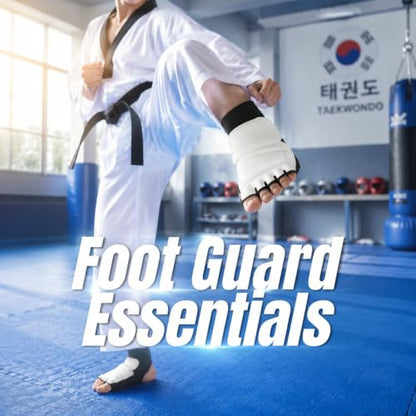 Taekwondo Foot Protector Gear, PU Leather Martial Arts Foot Guard, 1 Pair for Men Women - Adjustable Ankle Support, Breathable Half Finger Design, Training and Competition Use