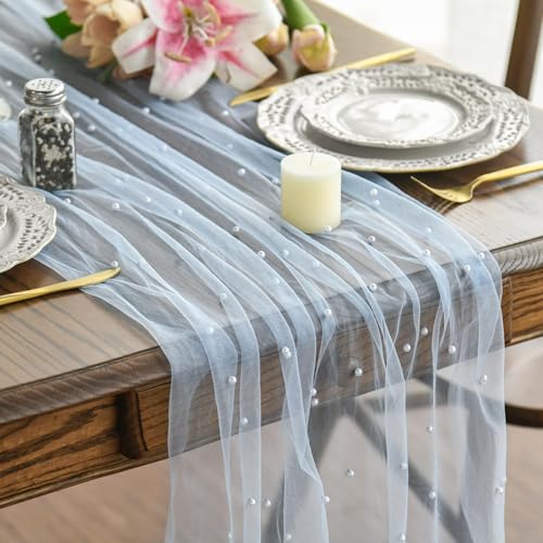 Artoid Mode Pearl Blue Gauze Table Runner 10FT Home Decor - color: Blue, size: 28" x 120"