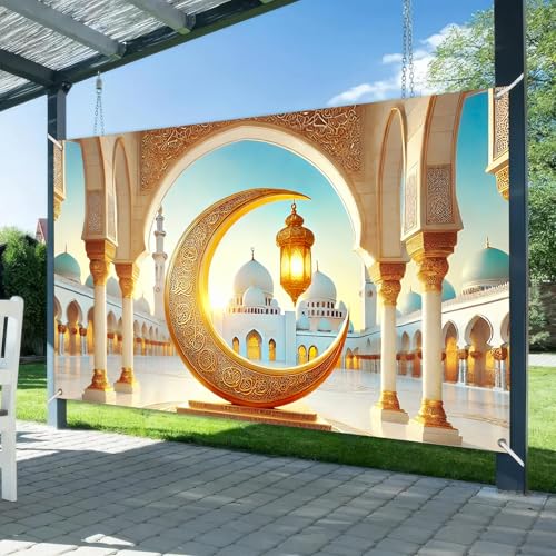 BlissYard Ramadan Banner Eid Mubarak Decoration 71x43 Inch Crescent Moon Lantern Mosque Dome Islamic Wall Art Ramadan Kareem Backdrop for Muslim Festival Indoor Outdoor Spiritual Party Display