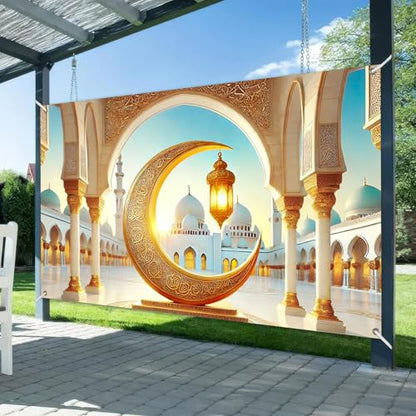 BlissYard Ramadan Banner Eid Mubarak Decoration 71x43 Inch Crescent Moon Lantern Mosque Dome Islamic Wall Art Ramadan Kareem Backdrop for Muslim Festival Indoor Outdoor Spiritual Party Display