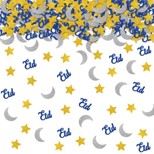 100pcs Eid Mubarak Confetti, Gold Glitter Ramadan Kareem Table Confetti for Muslim Islamic Party, Eid Paper Cut Outs, Holiday Festival Birthday Party Table Decoration - style: Eid-Blue