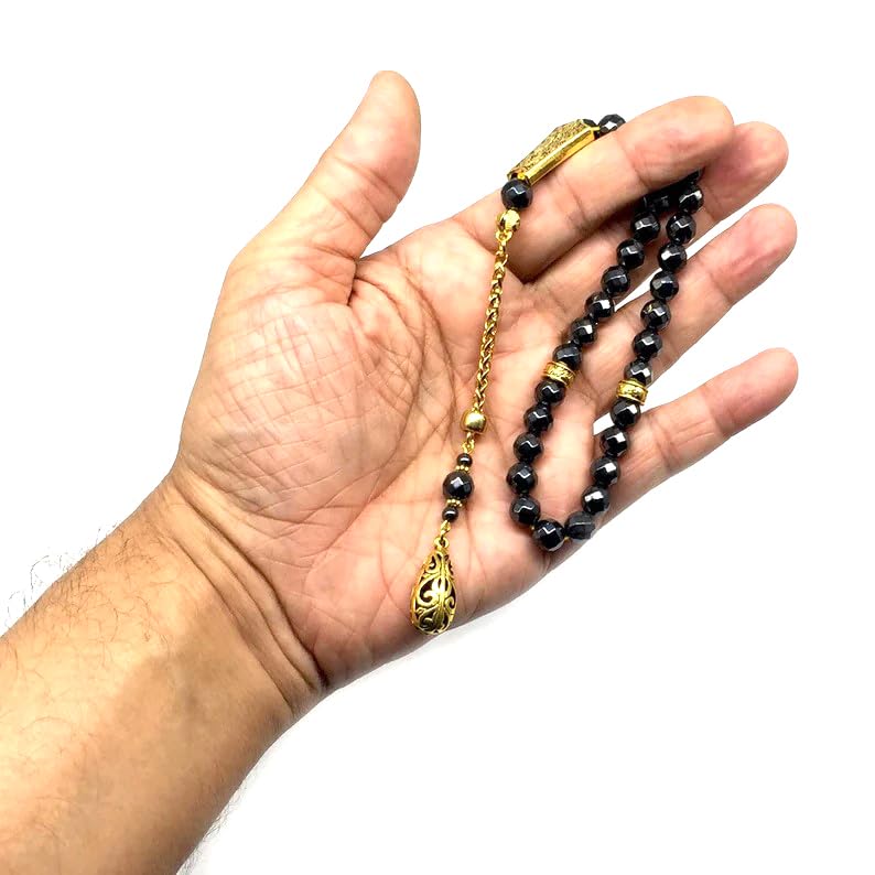 Design - Long & Stylist Tassels Worry Beads - Prayer Beads (8 mm-33 Beads) Tesbih-Tasbih-Tasbeeh-Misbaha-Subha-Sebha-Sibha-Rosary (Non-Magnetic Faceted Hematite 8mm 33 Beads - Gold Tassel) - color: Non-Magnetic Faceted Hematite 8mm 33 Beads - Gold Tassel