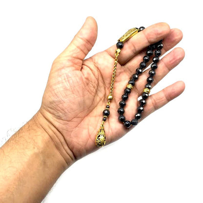 Design - Long & Stylist Tassels Worry Beads - Prayer Beads (8 mm-33 Beads) Tesbih-Tasbih-Tasbeeh-Misbaha-Subha-Sebha-Sibha-Rosary (Non-Magnetic Faceted Hematite 8mm 33 Beads - Gold Tassel) - color: Non-Magnetic Faceted Hematite 8mm 33 Beads - Gold Tassel