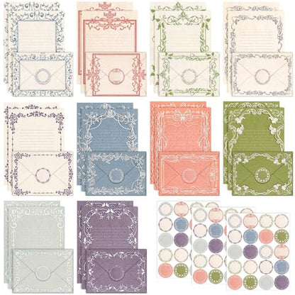 TaoBary 160 Pcs Stationery Paper Set 50 Double Sided Stationery Papers with 50 Matching Envelopes and 60 Round Dot Sticker, 10 design(vintage Lace Frame, 5.5 x 8.25 Inch) - size: 8.25 x 5.5 Inch, style: Vintage Lace Frame