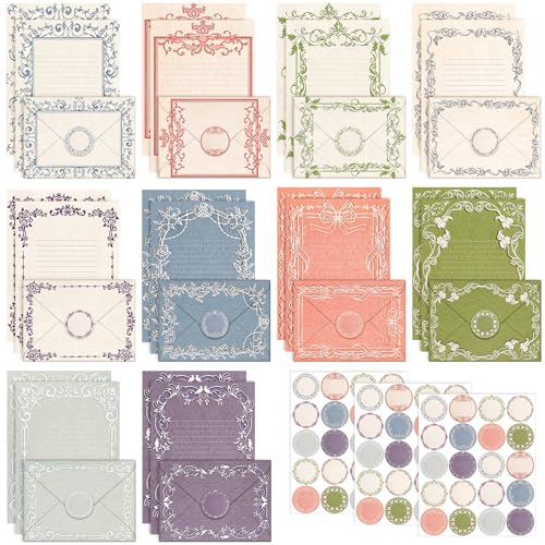 TaoBary 160 Pcs Stationery Paper Set 50 Double Sided Stationery Papers with 50 Matching Envelopes and 60 Round Dot Sticker, 10 design(vintage Lace Frame, 5.5 x 8.25 Inch) - size: 8.25 x 5.5 Inch, style: Vintage Lace Frame