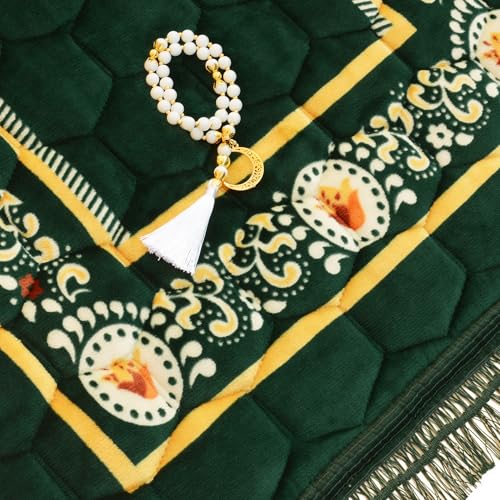 Prayer Rug Muslim Mat Islamic - Padded Very Thick Prayer Rug Sajadah for Men Women with Islam Prayer Beads, Soft and Luxury (31.5" x 47.2", Green) - color: Green