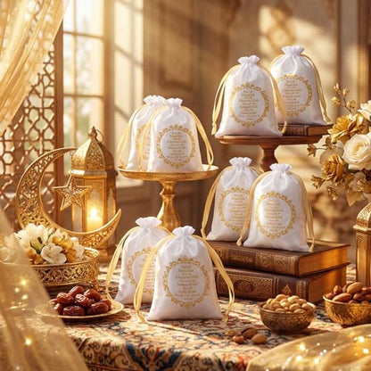 SATINIOR 36 Pcs Eid Ramadan Mubarak Satin Gift Bags 5 x 7 Inch Drawstring Eid Party Favor Silk Bags Mubarak Jewelry Pouch for Islamic Ramadan Gift Supplies Candy Bag Muslim Party Decoration