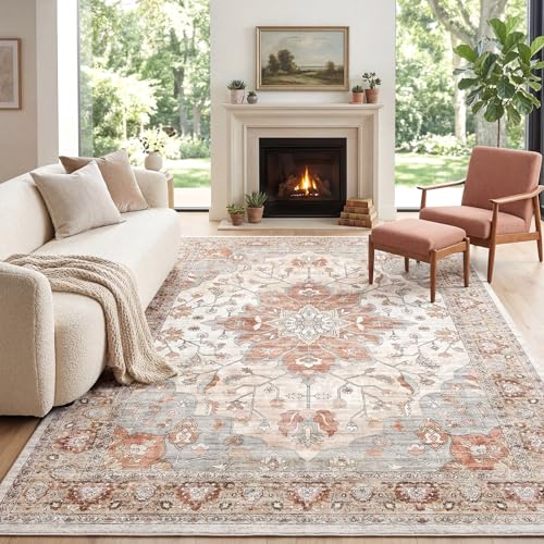 10x14 Area Rugs for Living Room, Machine Washable Boho Vintage Rug, Waterproof Surface & Non-Slip Backing, Foldable Soft Low Pile Floral Medallion Carpet for Bedroom Dining Room