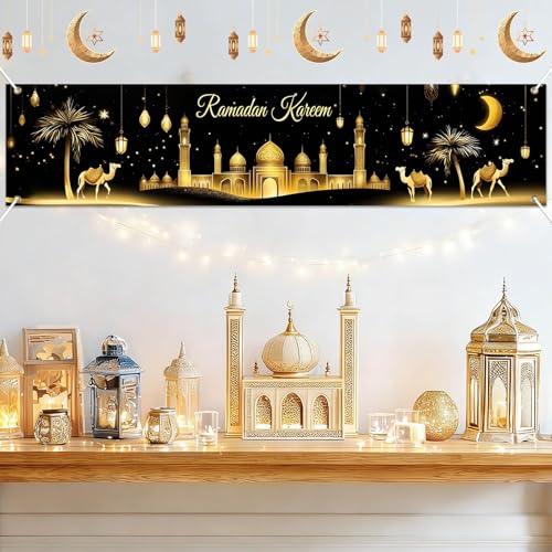 BlissYard Ramadan Decorations Banner Eid Mubarak Kareem Islamic Decor Long Mosque Moon Star Home Party Backdrop Reusable Polyester Wall Hanging 78x17 Inch Muslim Holiday Display