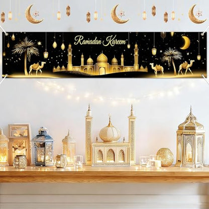 BlissYard Ramadan Decorations Banner Eid Mubarak Kareem Islamic Decor Long Mosque Moon Star Home Party Backdrop Reusable Polyester Wall Hanging 78x17 Inch Muslim Holiday Display