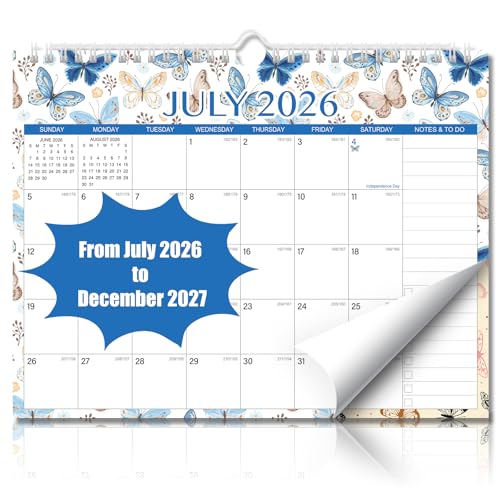 Wall Calendar 2026-2027 – 11 x 8.7 In, 18 Months from July 2026 to December 2027, Monthly Calendar with Holidays, Julian Dates, Grid Design for Scheduling, Home or School Use - color: Butterfly