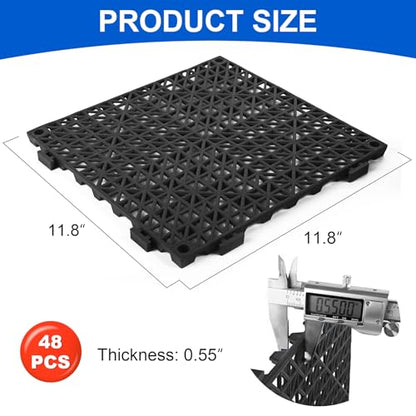 Modular Interlocking Cushion 48 Pack 11.8" x 11.8" Rubber Floor Tiles Non-Slip Splicing Drainage Mats for Deck, Black - size: 48 PCS