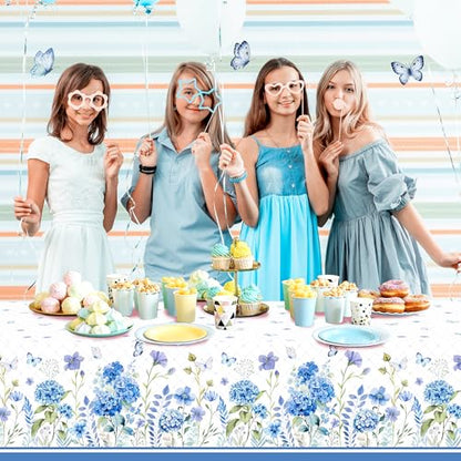 1Pc Blue Hydrangeas Flowers Party Plastic Tablecloth 54 x 87 Inch Long Table Cover, Spring Butterfly Party Tablecover for Floral Theme Kids Baby Shower Birthday Dinner Picnic Kitchen Event - color: Blue Hydrangeas