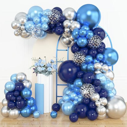 Amandir 153피스 블루 및 실버 풍선 가랜드 아치 키트, 다양한 사이즈 45.7cm(18인치), 30.5cm(12인치), 25.4cm(10인치), 12.7cm(5인치), 로열 네이비 블루 라텍스 메탈릭 색종이 조각 풍선 졸업 웨딩 샤워 생일 파티 장식용 - color: 블루 실버