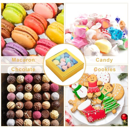 Zonon 30 Pcs Kraft Paper Boxes with Window 4.13 x 4.13 x 1.18 Inch Candy Packaging, Small Gift Boxes, Soap holder, Mini Treat Packaging for Bakery Chocolate Jewelry Display (Gold) - color: Gold