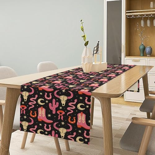 Western Cowgirl Table Runner, Pink Cowboy Boots Cacti Cactus Skull Print Table Runner for Kitchen Dining Party Birthday Wedding, 13x36 Inch - color: Cowboy -7, size: W13"x L36"