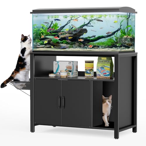GDLF 40-50 Gallon Fish Tank Stand with Hidden Cat Litter Box Cabinet | Dual-purpose pet furniture combines aquarium support, hidden litter box storage, and a cat perch for a cleaner home setup