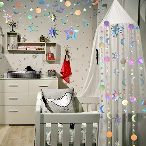 7 Pcs Iridescent Star Moon Garland Party Decorations Kit Hanging 3D Twinkle Little Star Streamer Bunting Banner Backdrop for Holiday Baby Shower Birthday Supplies