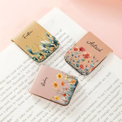 BYFDIY Personalized Magnetic Bookmark Clip Leather Custom Name Watercolor Birth Flower Bookmarks Reading Accessory Gifts for Women Men Book Lovers