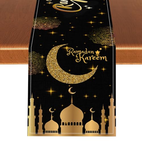 Ramadan Mubarak Table Runner, Vintage Ramadan Kareen Mosque Lantern Islamic Castle Eid Moon Luxury Seasonal Kitchen Dining Table Scarf for Kitchen Living Room Home Party Decor 13"x90" - color: Ramadan04, size: 13x90" Table Runner