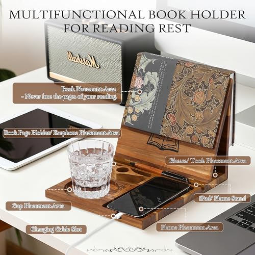 Book Holder Stand for Reading Rest, Wooden Foldable Book Rest with Book Page Holder, Cup, iPad & Phone Stand, Book Nook Reading Valet Desktop Triangle Bookstand Bookshelf for Readers Bookworms Gifts - color: Book