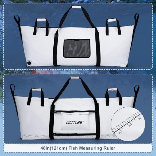 Goture Insulated Fish Cooler Bag, 500D PVC Leakproof Fishing Kill Bag, Portable Waterproof Fish Bags with Carry Handle and Strap, Large Fishing Cooler Bags with Drain Plug, 59.84”x 20.08”x 9.06”