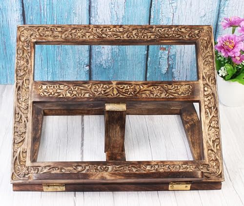 Mother’s Day Adjustable Wooden Book Stand, Handmade Quran Bible Geeta Cookbook Holder, Folding Reading Display Stand, Carved Prayer Rihal Rest, Recipe Book Holder, Gifts for Mom
