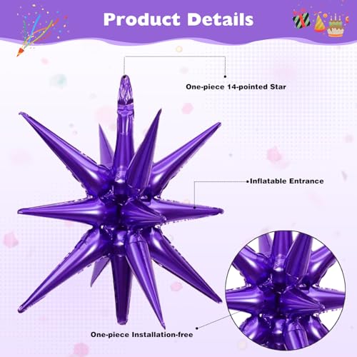 6 Pcs Silver Star Foil Balloons One-Piece 14-Pointed Star Balloon 4D Starburst Cone Mylar Balloon 22inch Christmas Birthday Wedding Wedding Anniversary Party Supplies (Silver + Purple) - color: 22 Inches Silver + Purple