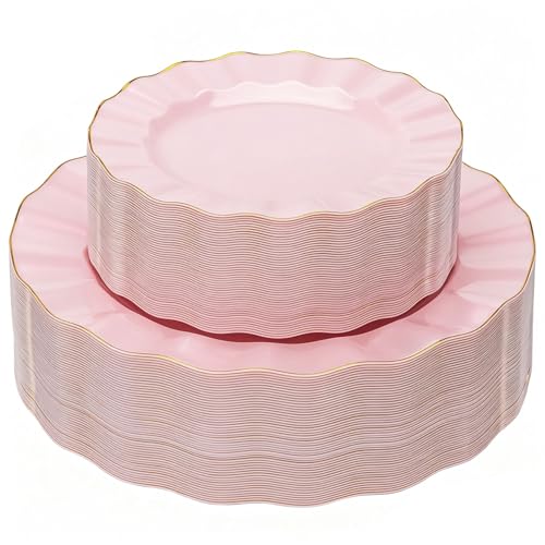 120PCS Pink Plastic Plates, Wavy Plates with Gold Rim - color: Pink, size: 120PCS