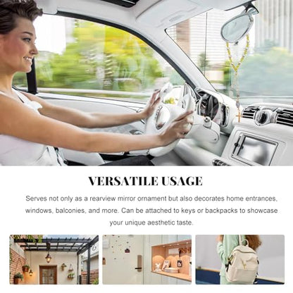 Natural Jade Cross Car Hanging Ornament, Religious Handmade Rearview Mirror Pendant with Pearl, Christian Rear View Mirror Charm Glass Beaded Hanging Accessories for Women Men