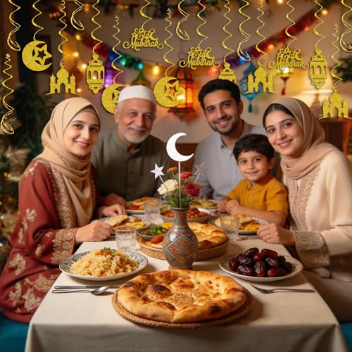 Eid Mubarak Decorations, Gold Glitter Eid Mubarak Hang Swirls Star Moon Lantern Decor Sign for Eid Festival Muslim Islam Party Decoration Supplies
