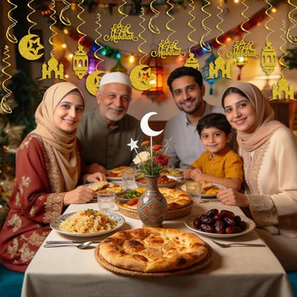Eid Mubarak Decorations, Gold Glitter Eid Mubarak Hang Swirls Star Moon Lantern Decor Sign for Eid Festival Muslim Islam Party Decoration Supplies