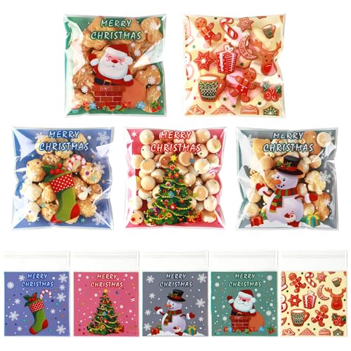 Christmas Cellophane Treat Bags, 100pcs Self Adhesive Christmas Gift Bags, Plastic Xmas Cookie Candy Biscuit Bag Goodie Snack Present DIY Ziplock Bag Bulk for Christma s Holiday Party Favors Supplies - color: Clear Christmas, size: 1 Count (Pack of 100)